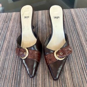 Impo Brown Leather Slides with Alligator Print Strip & Buckle Size 9